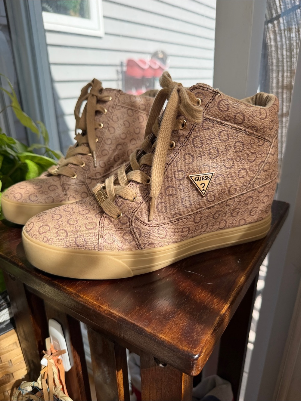 Guess Tan Monogram Wedge High-Top Sneakers